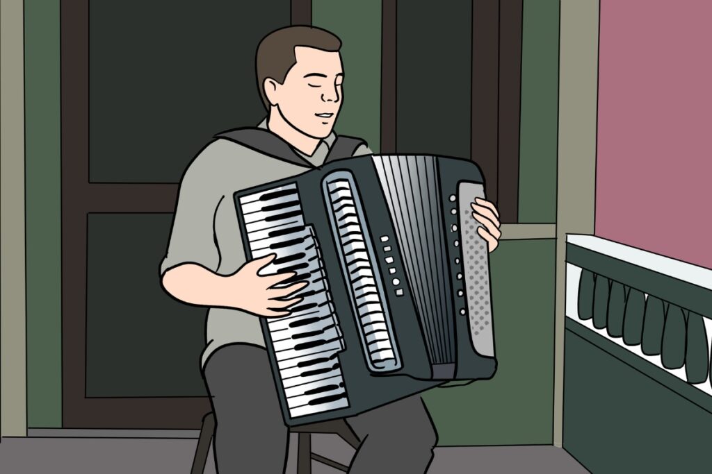 Accordionist playing the accordion. Art by Sandy M.